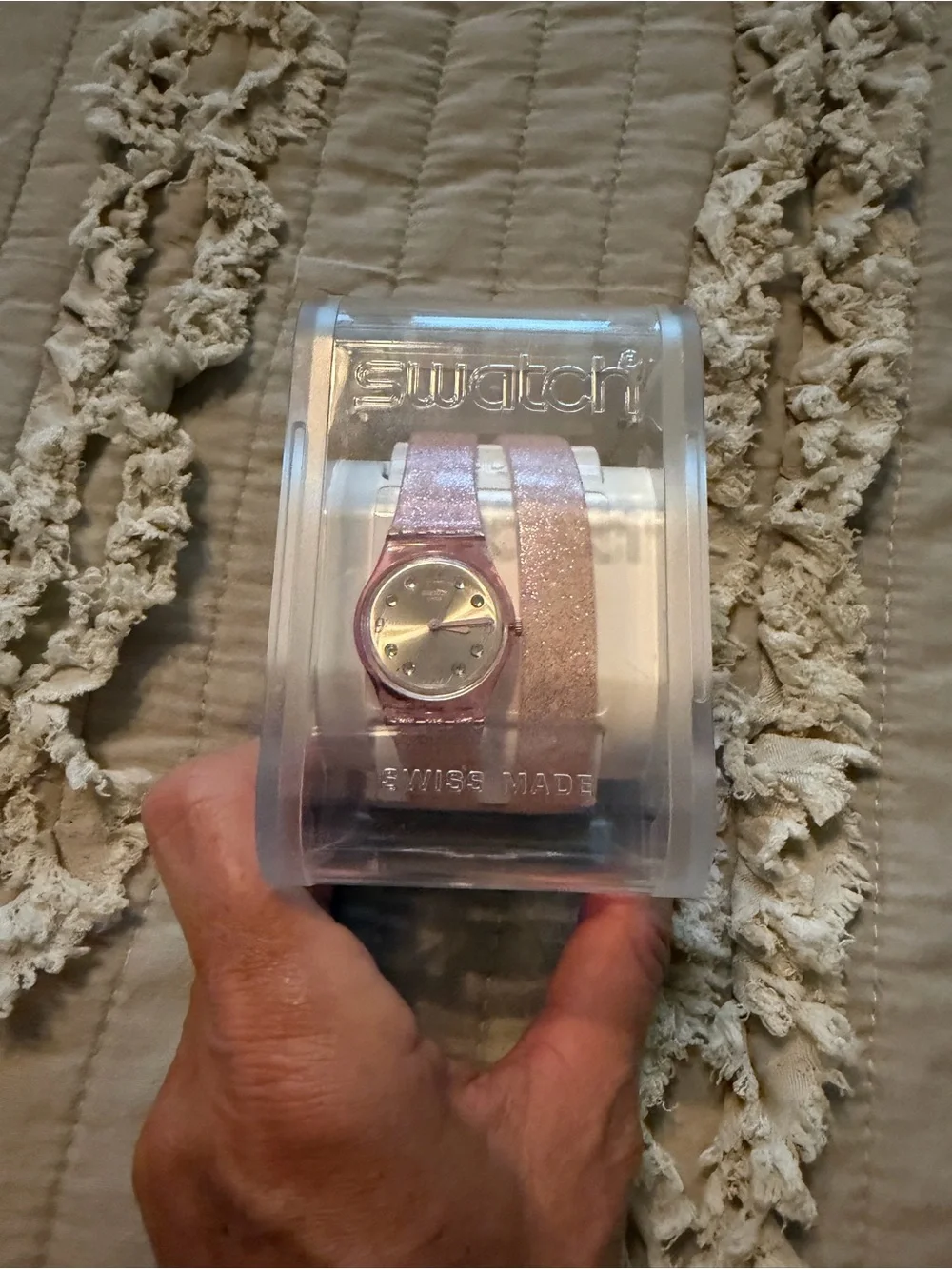 Pink Glitter Swiss Swatch Watch Wrap Style with case and new battery.